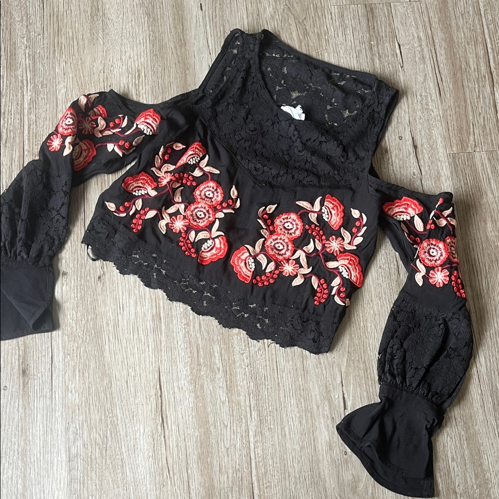 Black Lace Cold Shoulder Top with Red Floral Embroidery